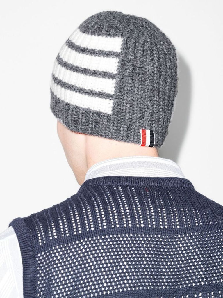 Grey 4-bar Stripe Merino Wool Beanie Hat