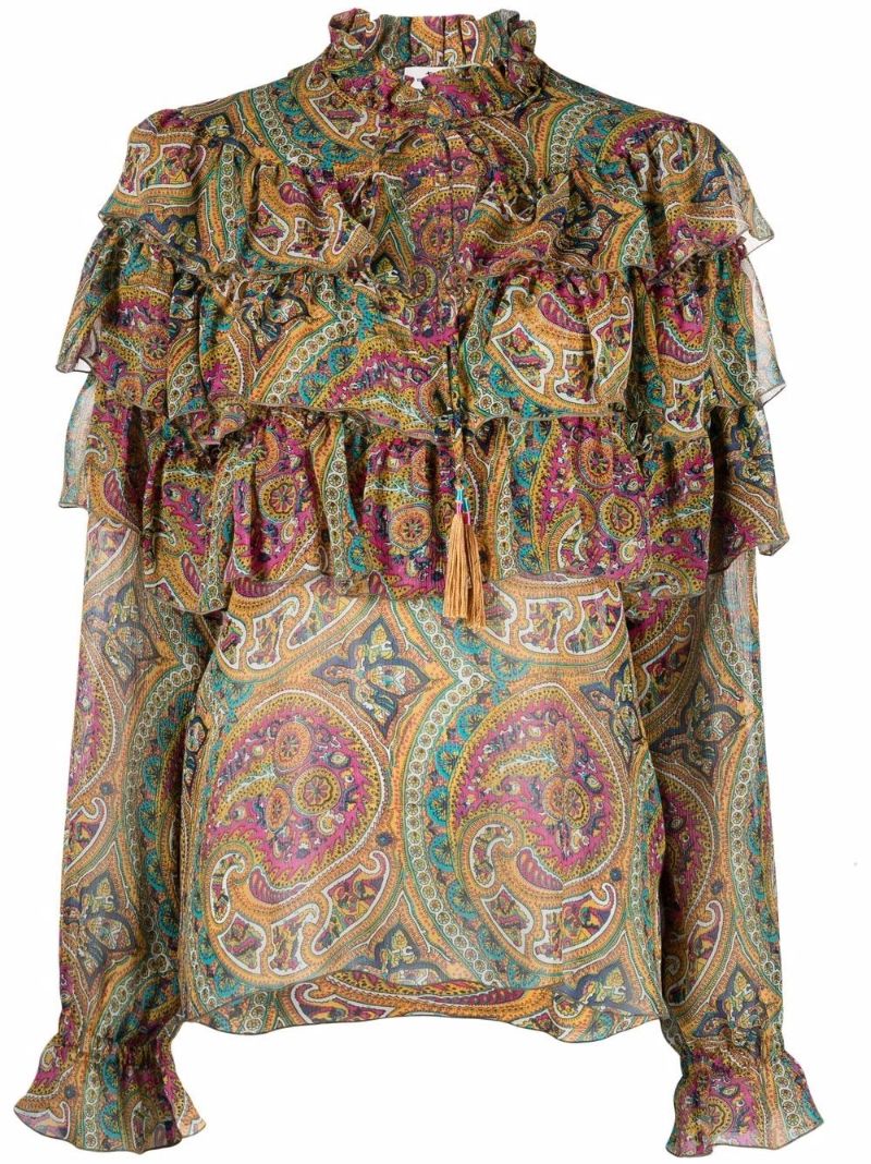 Paisley Print Ruffled Silk Blouse
