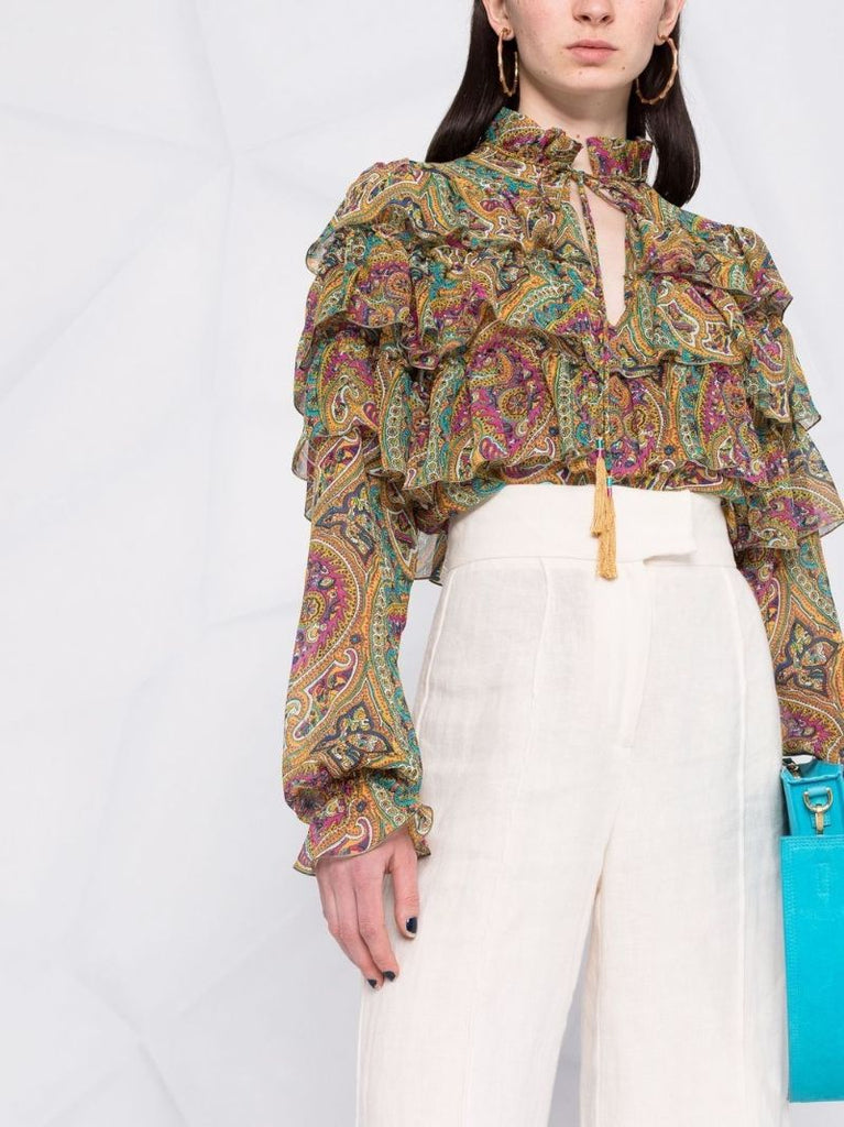 Paisley Print Ruffled Silk Blouse