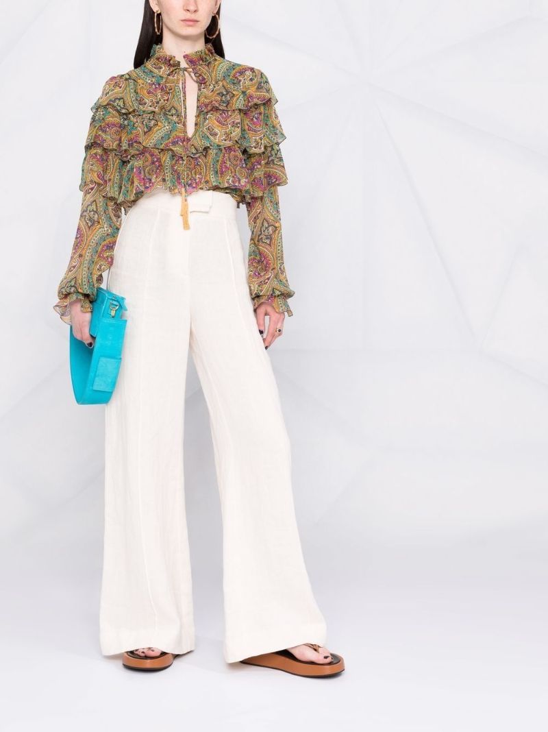 Paisley Print Ruffled Silk Blouse