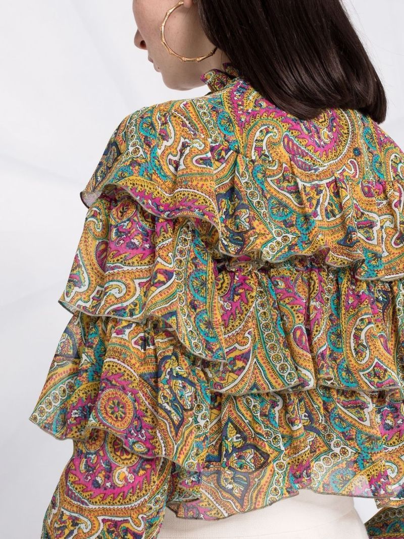 Paisley Print Ruffled Silk Blouse