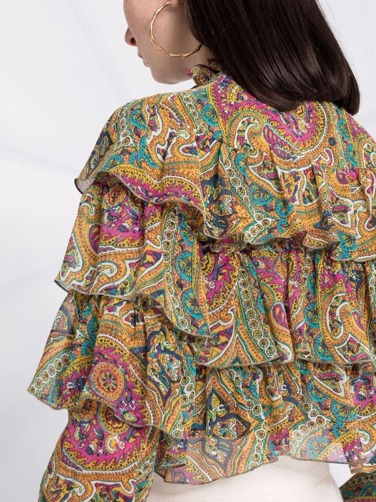 Paisley Print Ruffled Silk Blouse