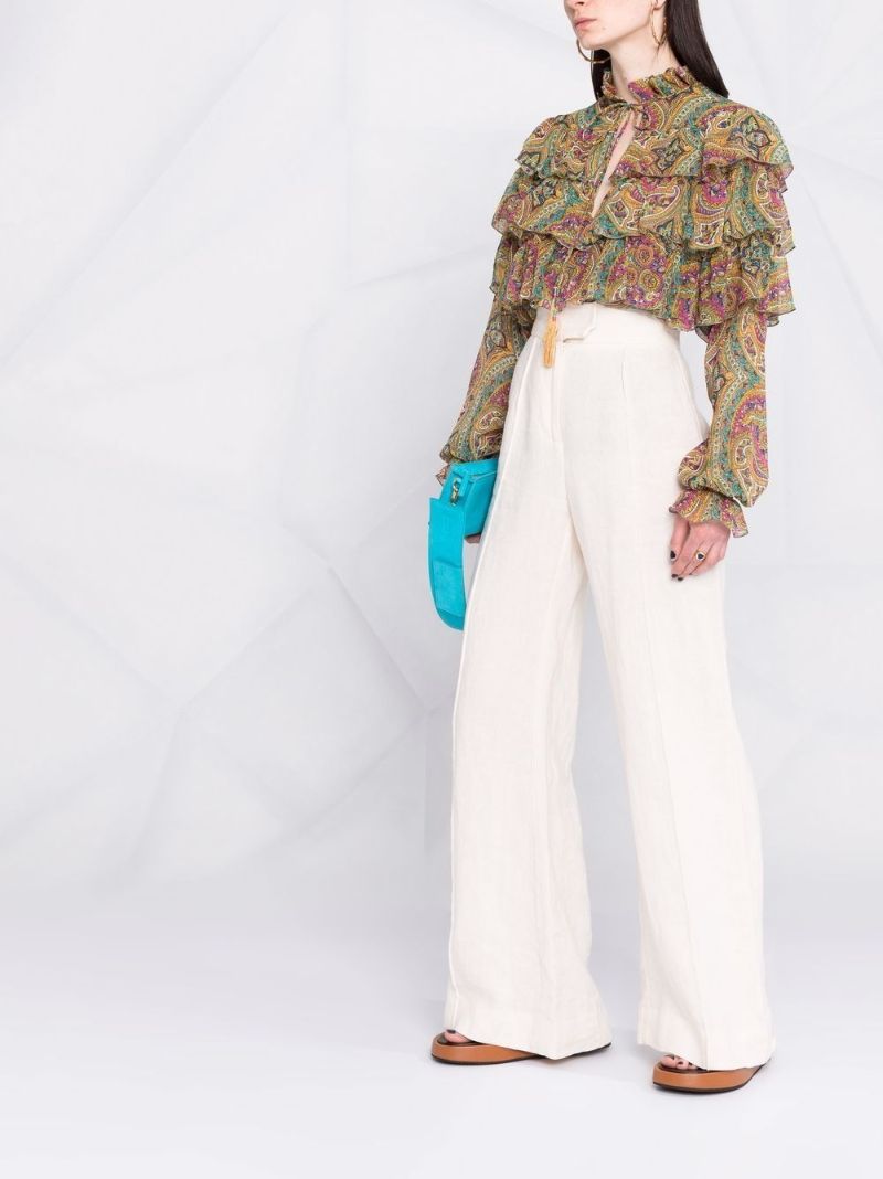 Paisley Print Ruffled Silk Blouse