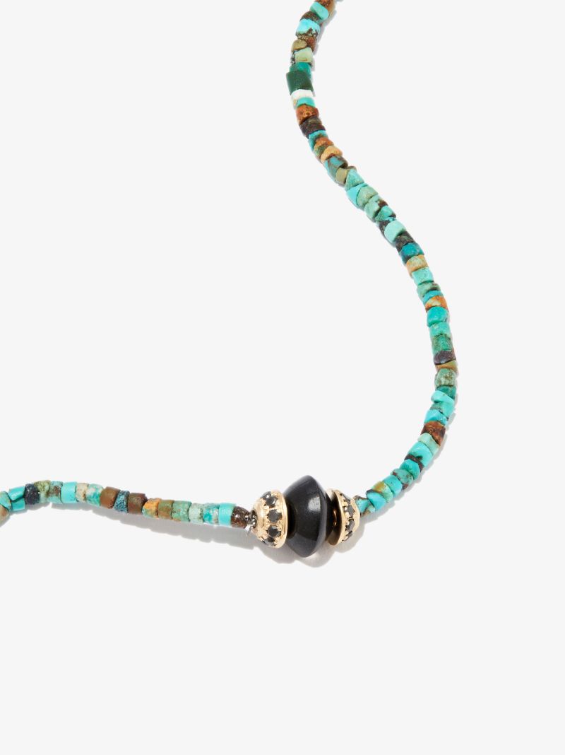 14k Yellow Gold Turquoise and Onyx Beaded 26 Inch Necklace