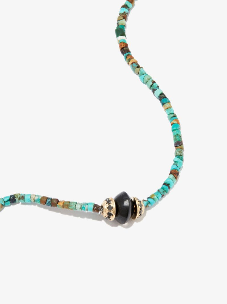 14k Yellow Gold Turquoise and Onyx Beaded 26 Inch Necklace