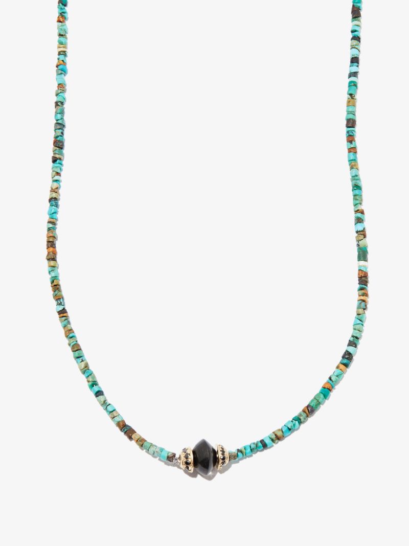14k Yellow Gold Turquoise and Onyx Beaded 26 Inch Necklace
