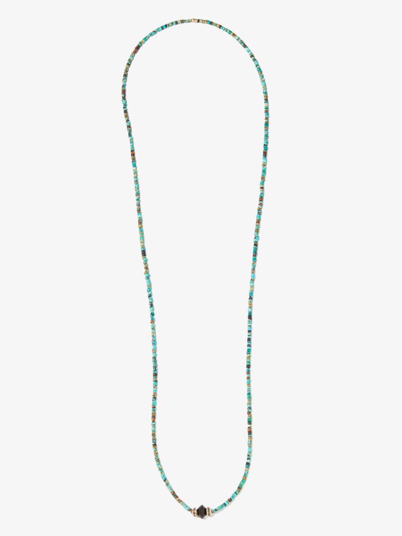 14k Yellow Gold Turquoise and Onyx Beaded 26 Inch Necklace