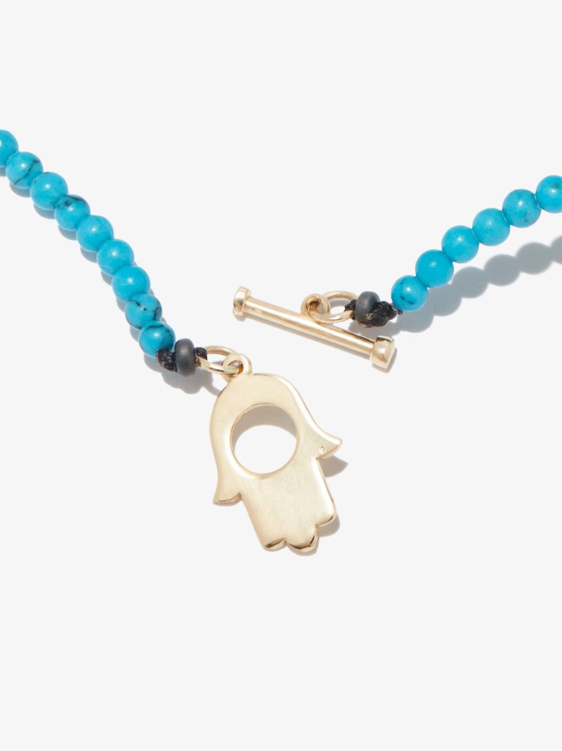 14k Yellow Gold Hamsa Beaded Turquoise 20 Inch Necklace