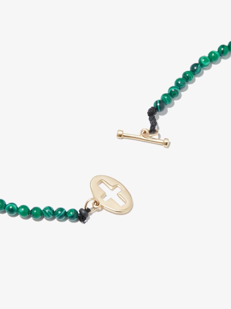 14k Yellow Gold Cross Beaded Malachite 24 Inch Necklace