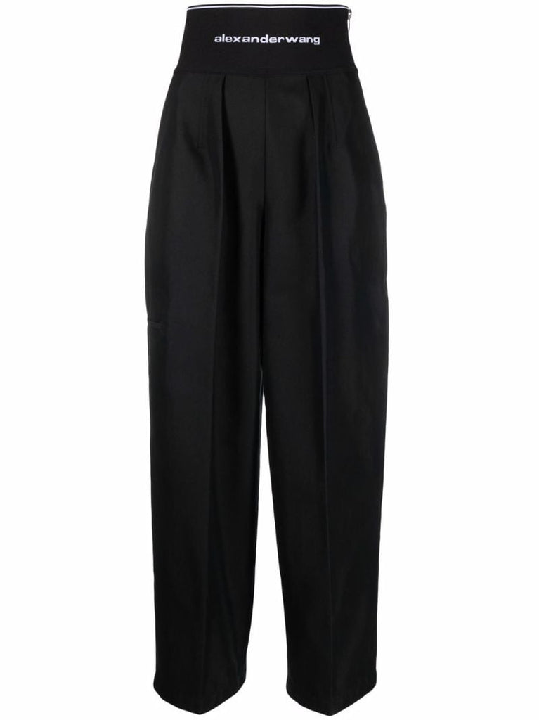 Black Logo-waist Straight-leg Trousers