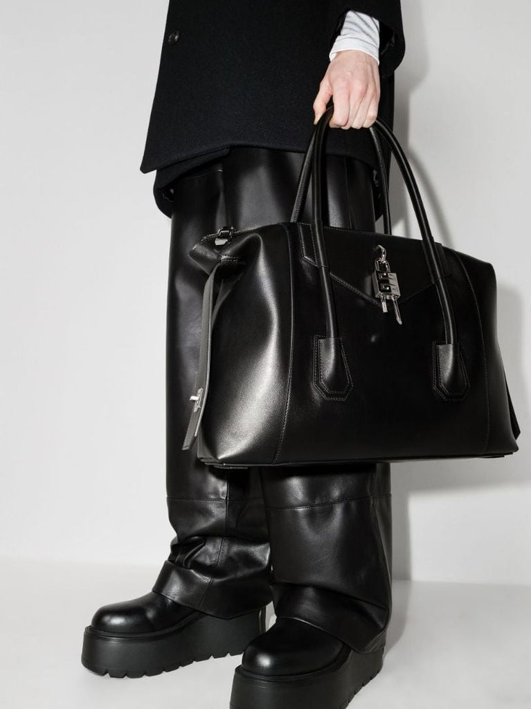 Black Antigona Soft Lock Medium Leather Tote Bag