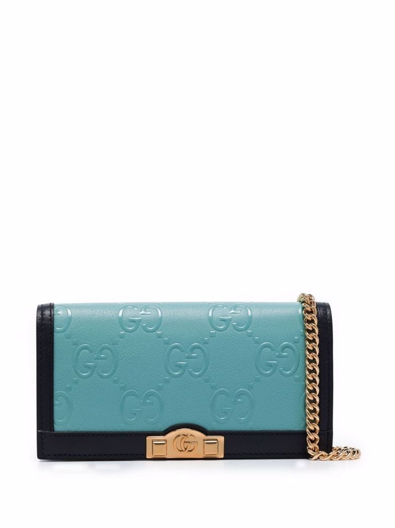 Blue Gg Embossed Leather Chain Wallet