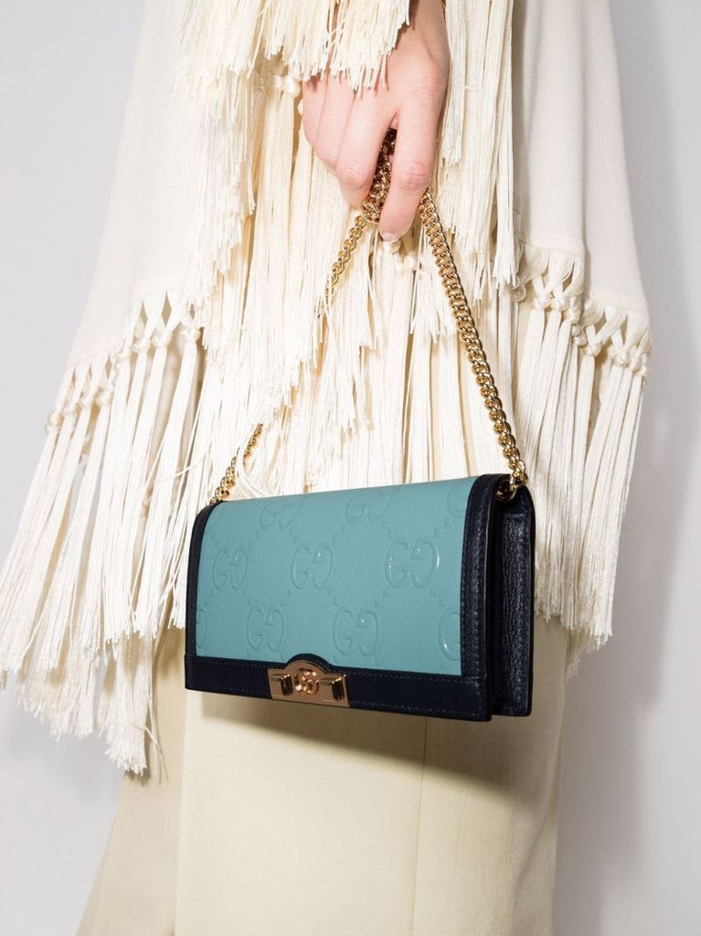 Blue Gg Embossed Leather Chain Wallet