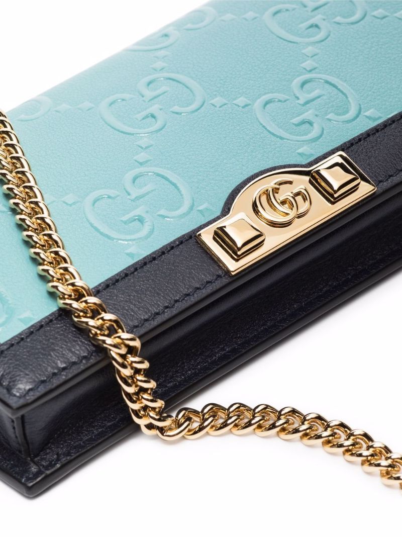 Blue Gg Embossed Leather Chain Wallet