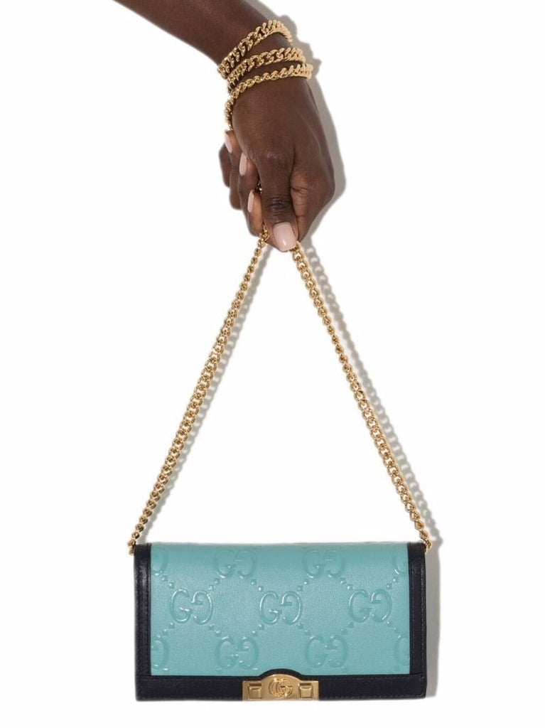 Blue Gg Embossed Leather Chain Wallet