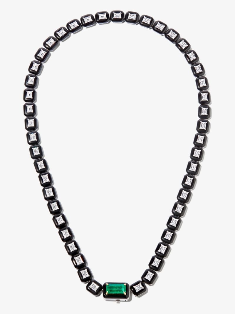18k White Gold Oui Enamelled Emerald and Diamond Necklace