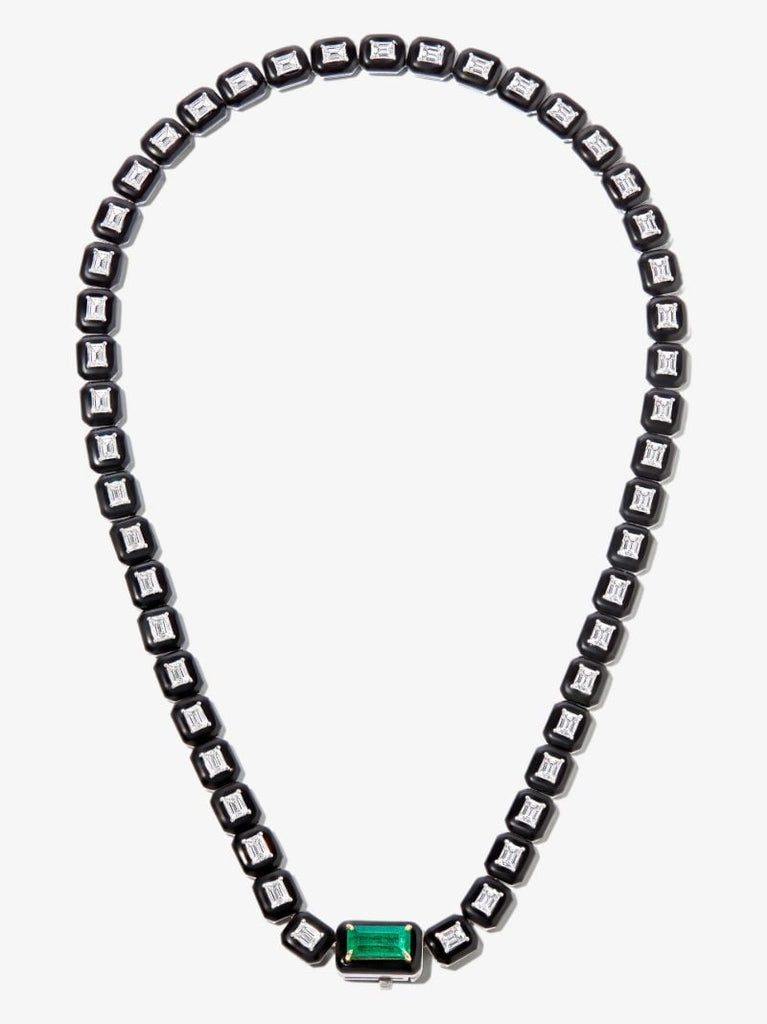18k White Gold Oui Enamelled Emerald and Diamond Necklace