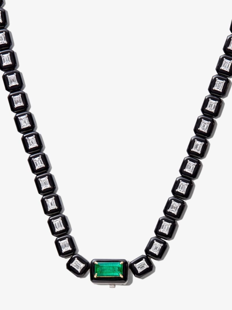 18k White Gold Oui Enamelled Emerald and Diamond Necklace