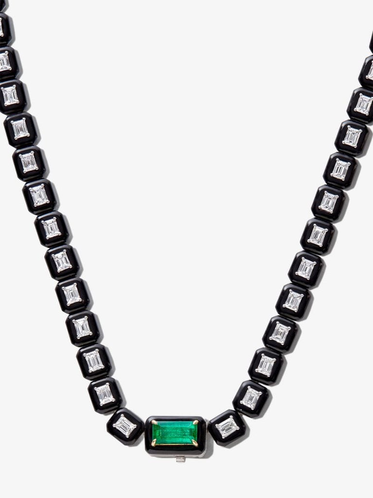 18k White Gold Oui Enamelled Emerald and Diamond Necklace