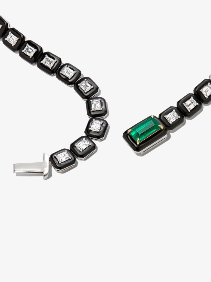 18k White Gold Oui Enamelled Emerald and Diamond Necklace