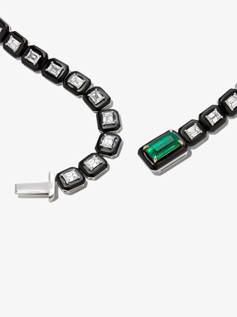 18k White Gold Oui Enamelled Emerald and Diamond Necklace