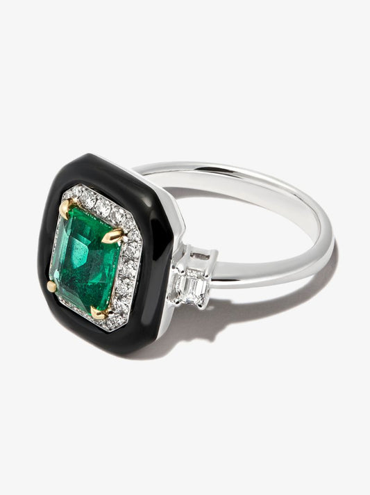 18k White Gold Oui Enamelled Emerald and Diamond Ring