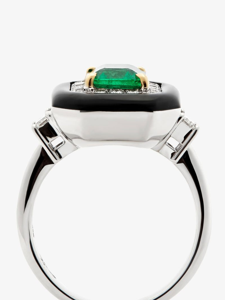 18k White Gold Oui Enamelled Emerald and Diamond Ring