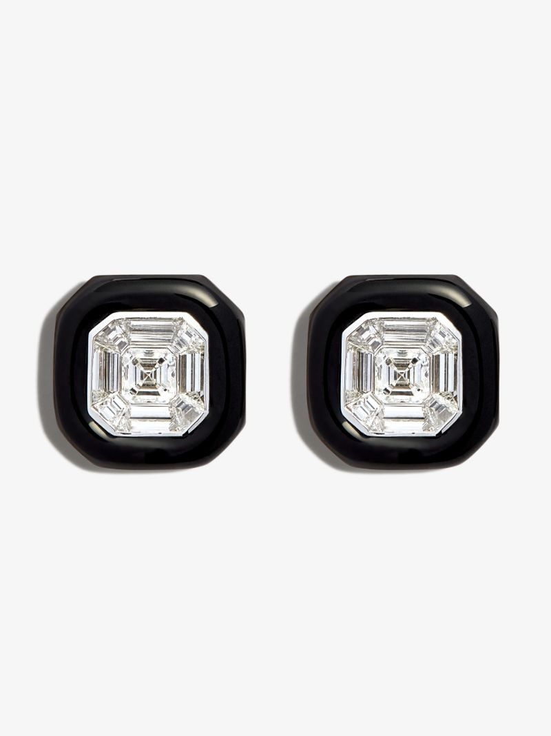 18k White Gold Oui Enamelled Diamond Stud Earrings