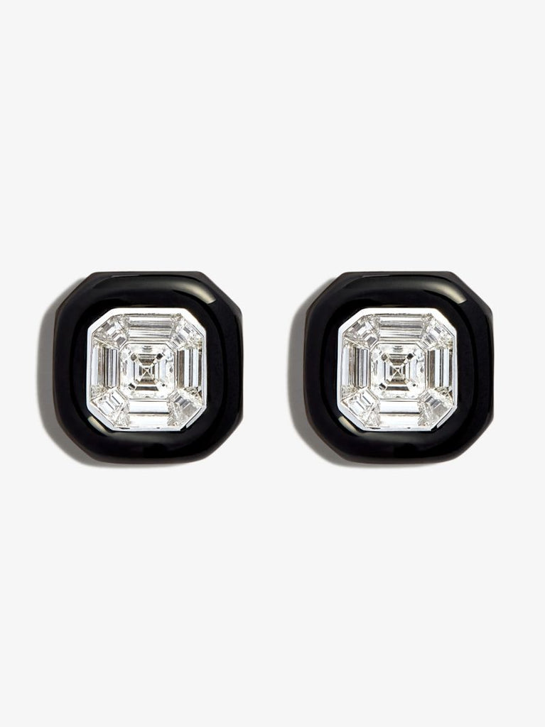 18k White Gold Oui Enamelled Diamond Stud Earrings
