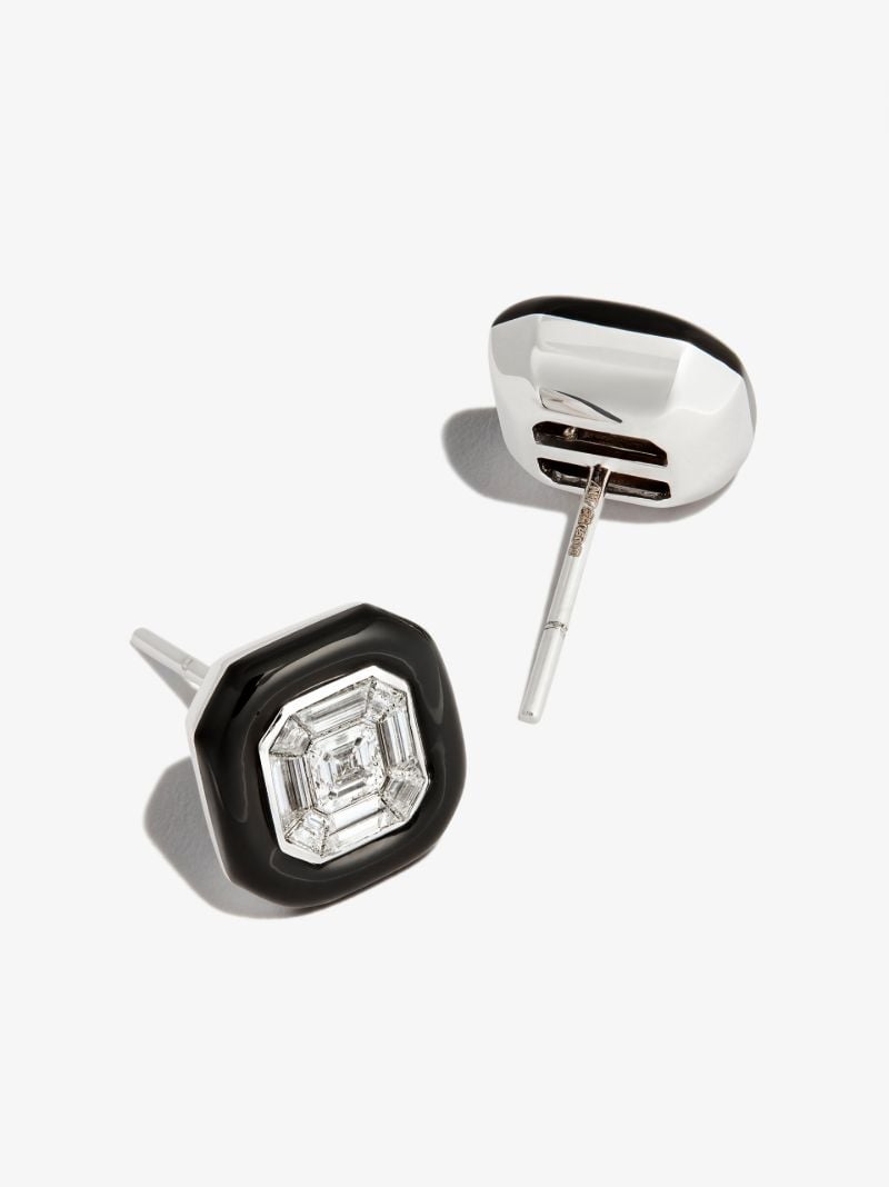 18k White Gold Oui Enamelled Diamond Stud Earrings
