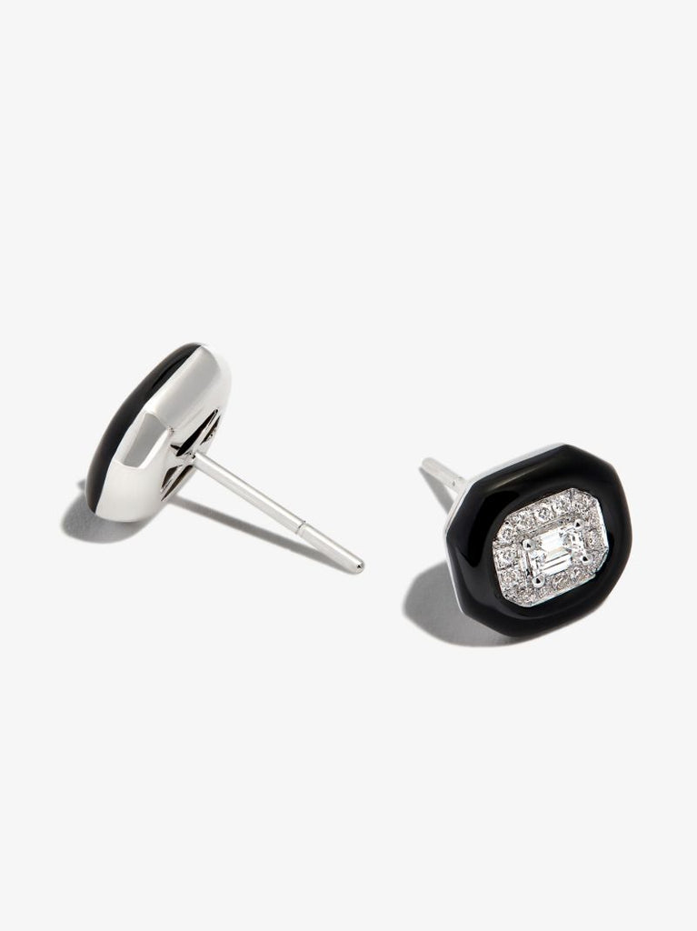 18k White Gold Oui Enamelled Diamond Stud Earrings