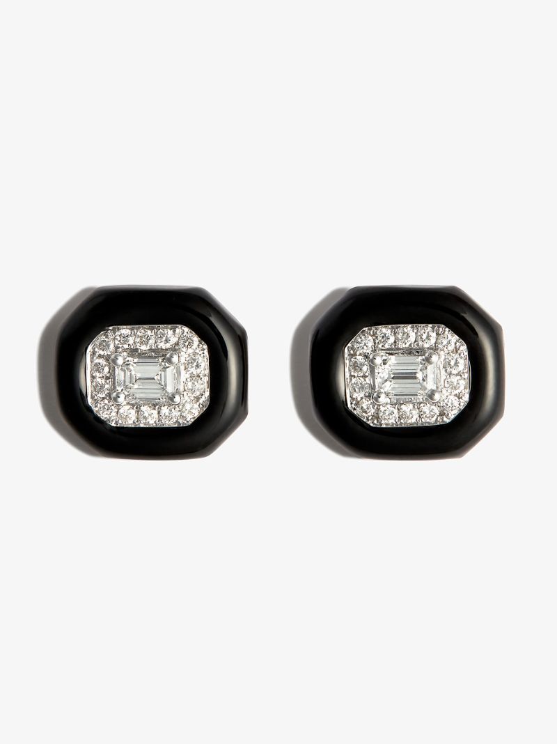 18k White Gold Oui Enamelled Diamond Stud Earrings