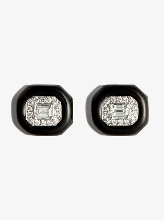 18k White Gold Oui Enamelled Diamond Stud Earrings