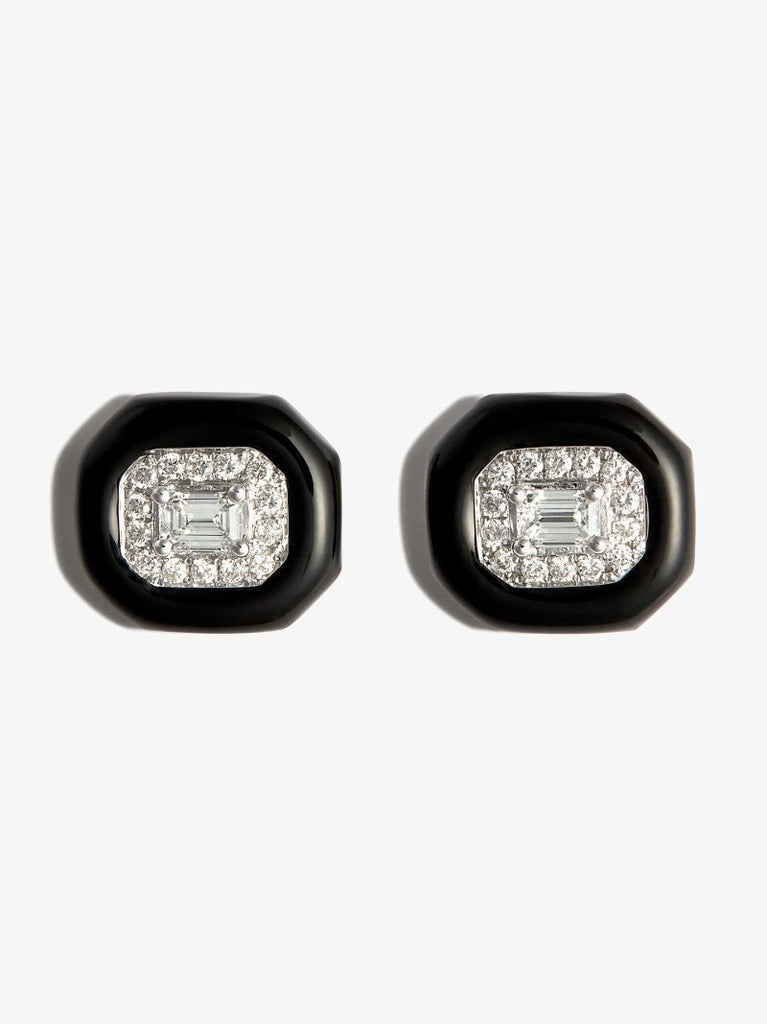 18k White Gold Oui Enamelled Diamond Stud Earrings
