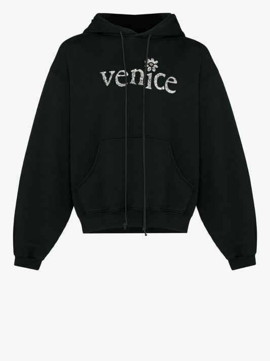 Black Venice Print Cotton Hoodie