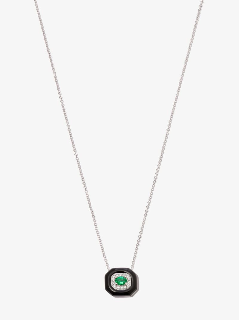 18k White Gold Oui Enamelled Emerald and Diamond Necklace
