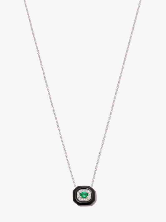 18k White Gold Oui Enamelled Emerald and Diamond Necklace