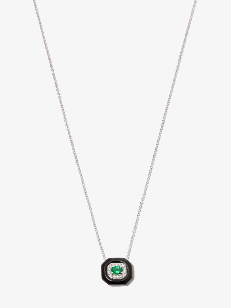 18k White Gold Oui Enamelled Emerald and Diamond Necklace