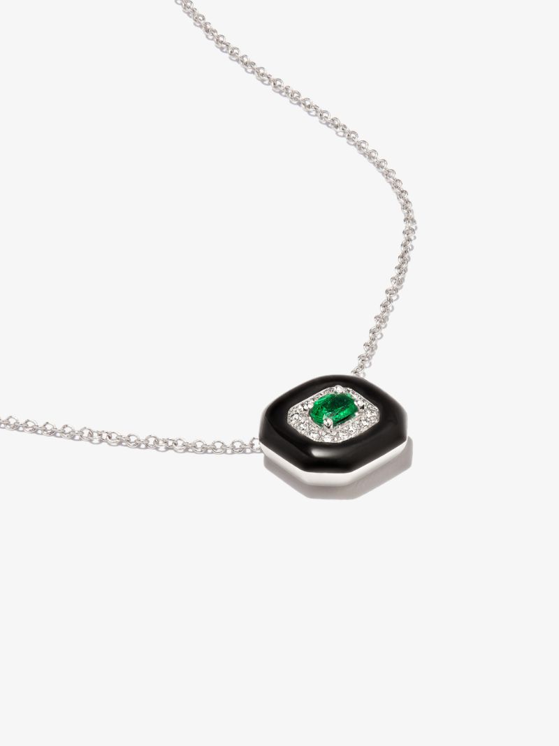 18k White Gold Oui Enamelled Emerald and Diamond Necklace