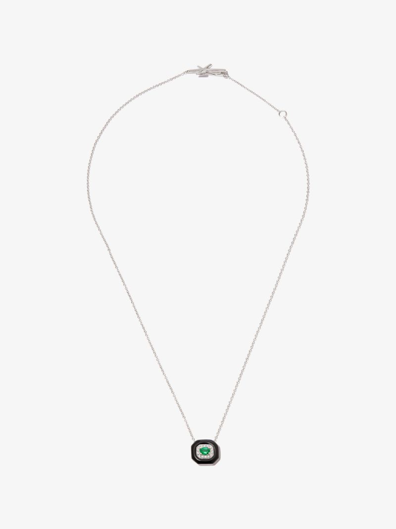 18k White Gold Oui Enamelled Emerald and Diamond Necklace