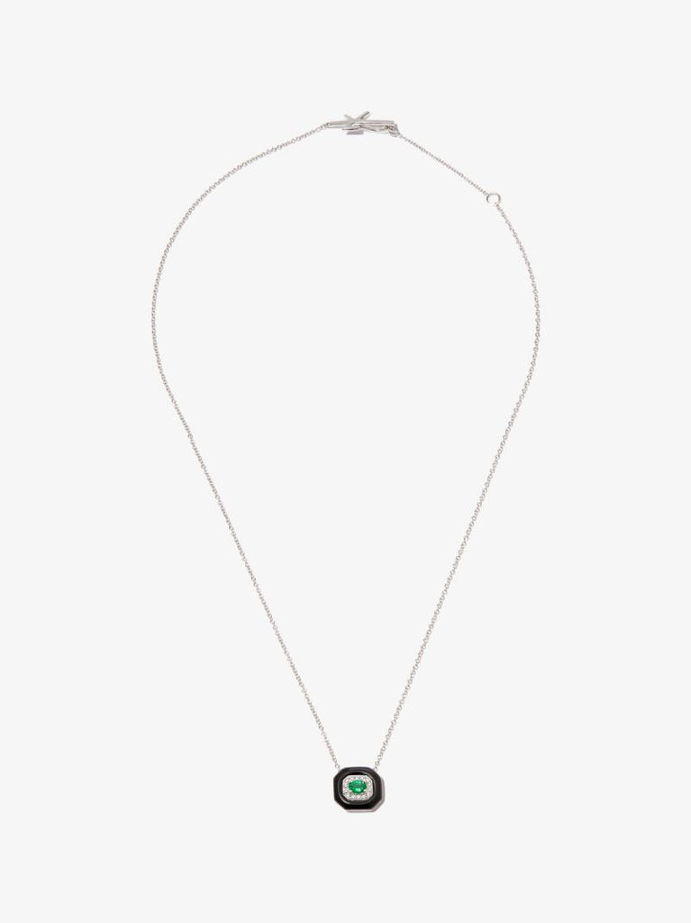 18k White Gold Oui Enamelled Emerald and Diamond Necklace