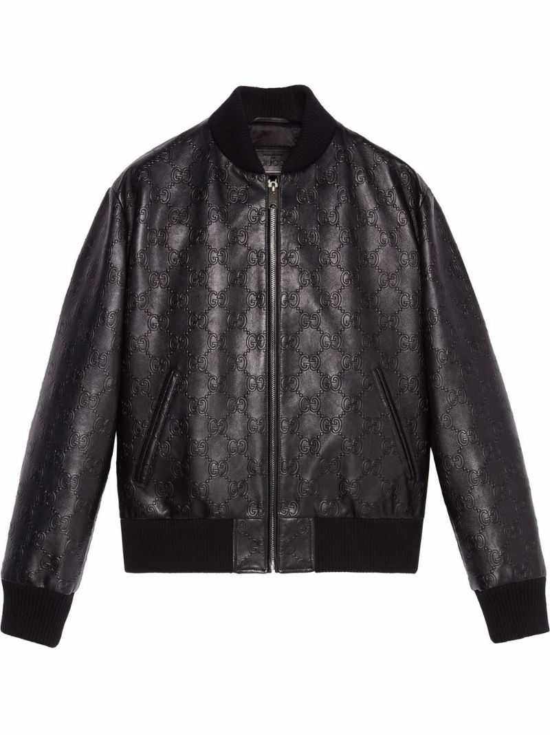 Black Gg Debossed Leather Jacket