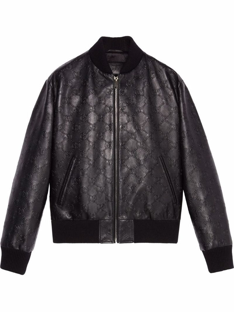 Black Gg Debossed Leather Jacket