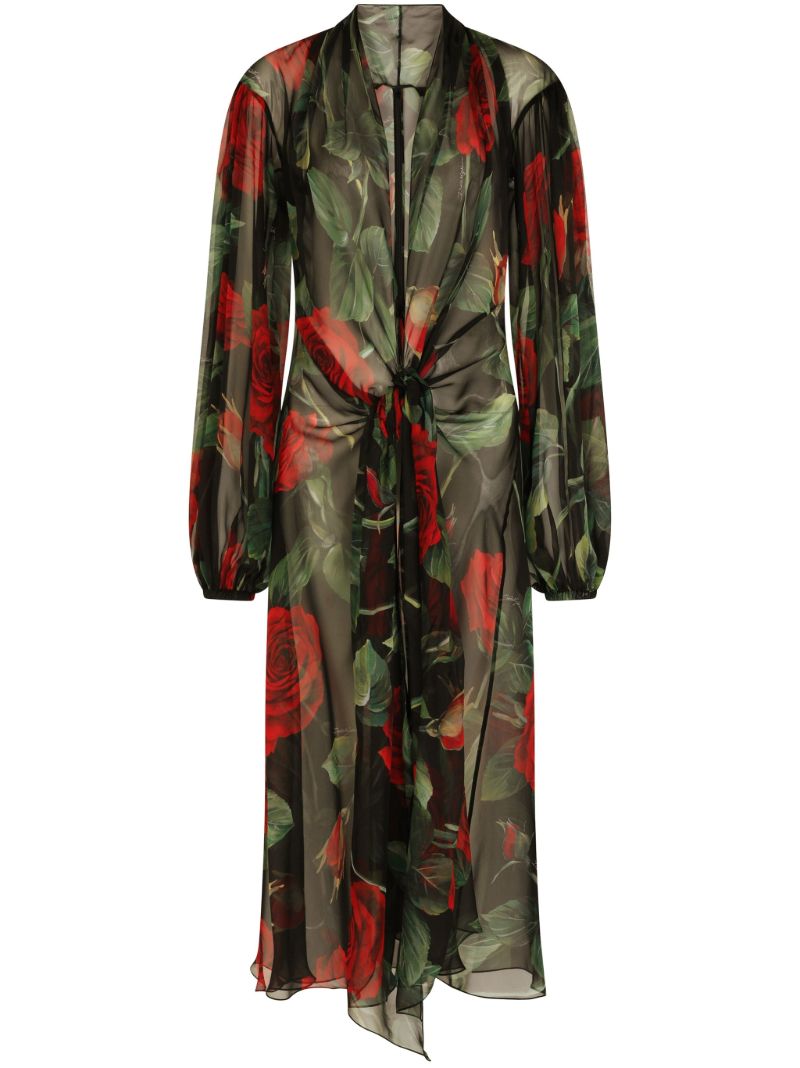 Black Rose Print Knotted Midi Dress