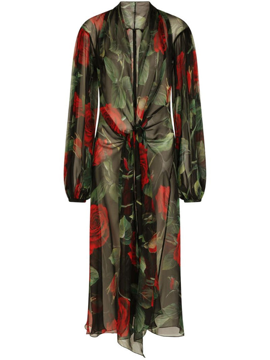 Black Rose Print Knotted Midi Dress