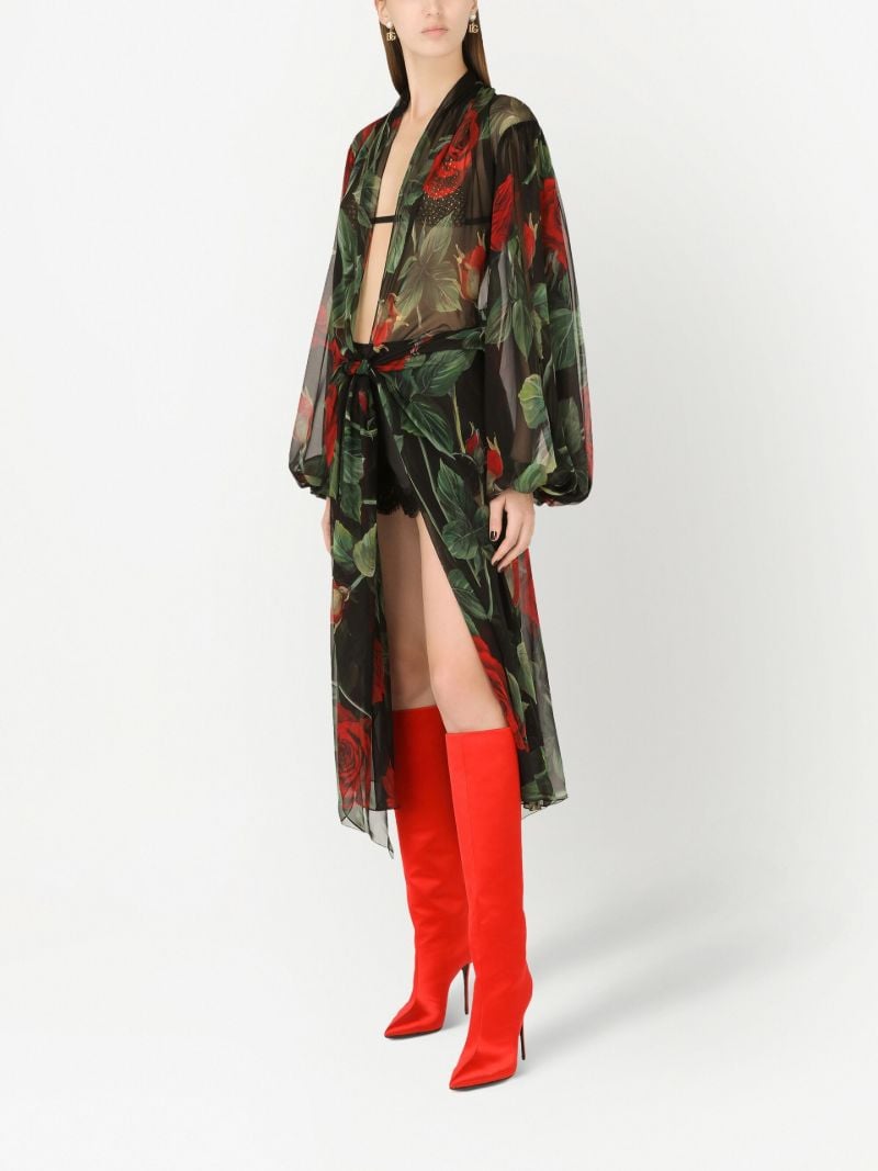 Black Rose Print Knotted Midi Dress