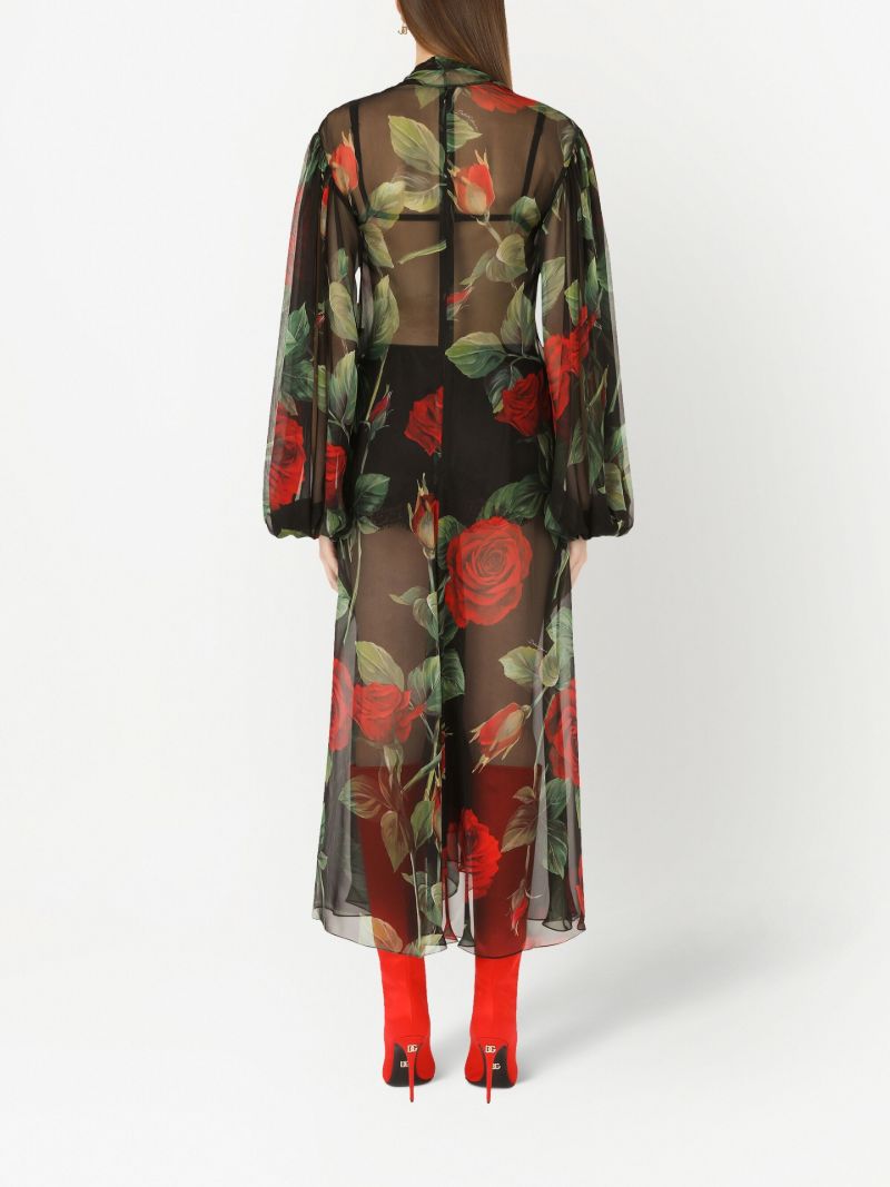 Black Rose Print Knotted Midi Dress