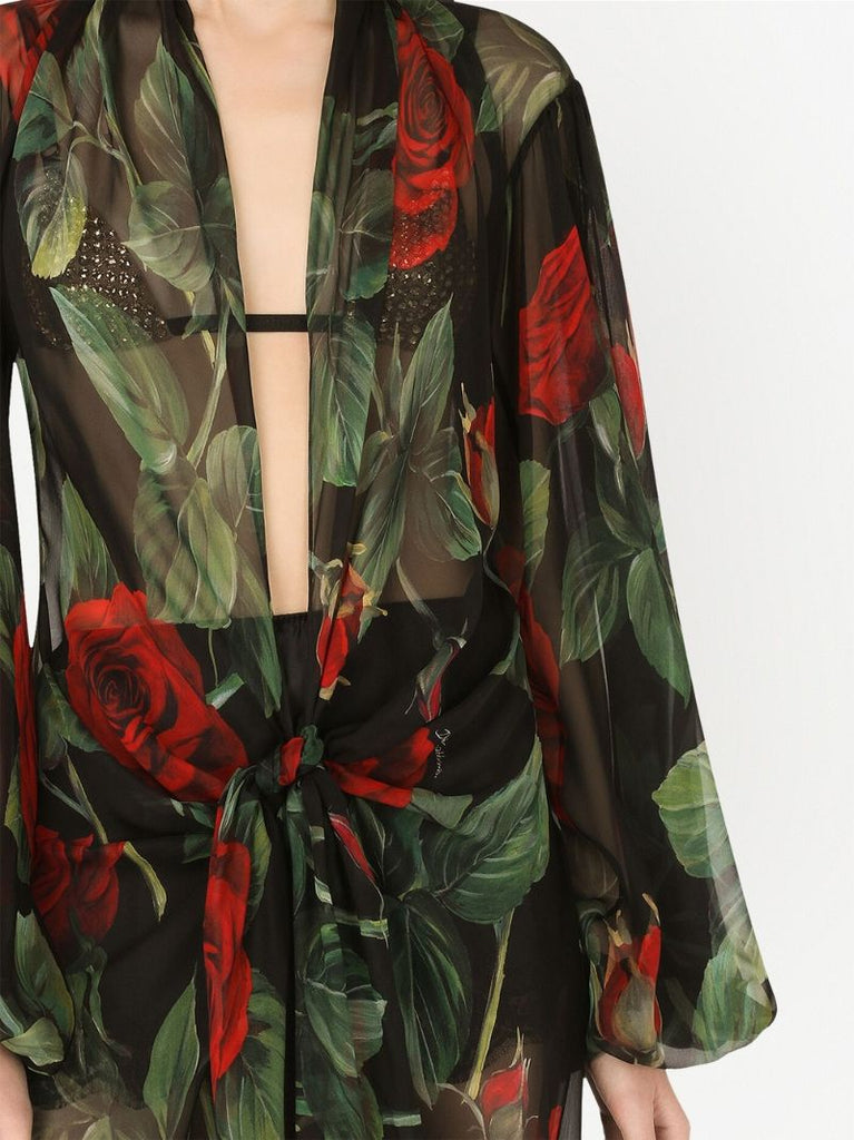Black Rose Print Knotted Midi Dress