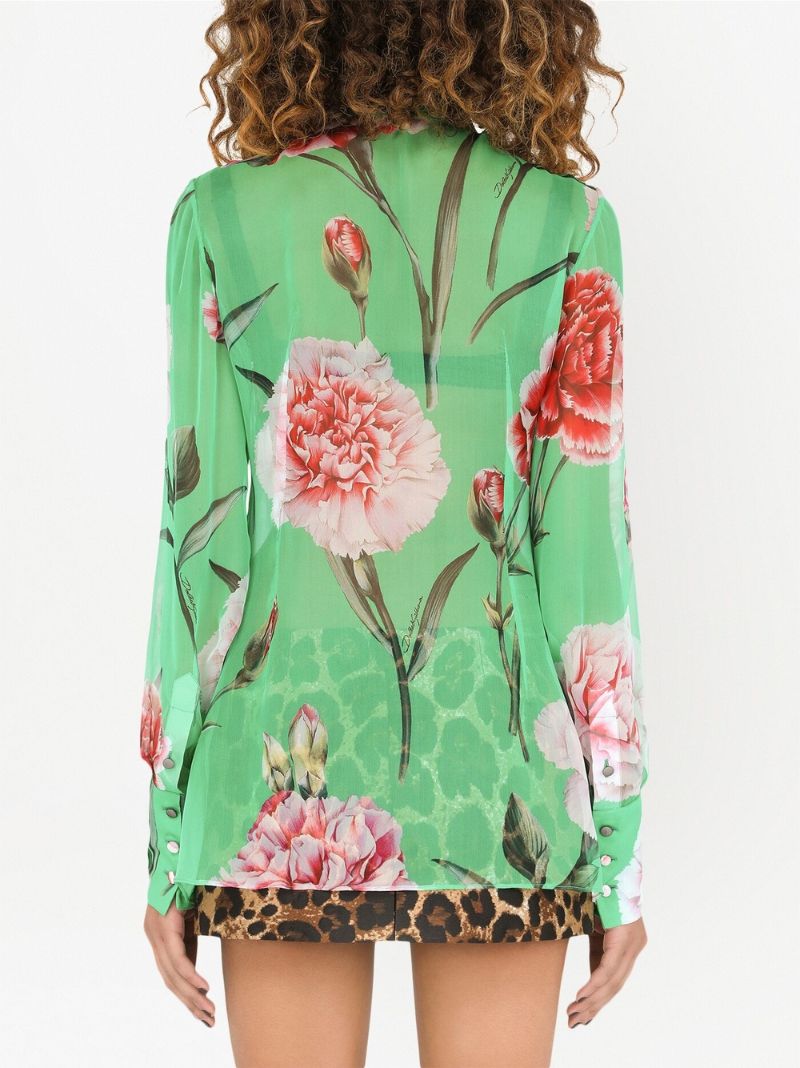 Green Carnation Print Silk Chiffon Shirt