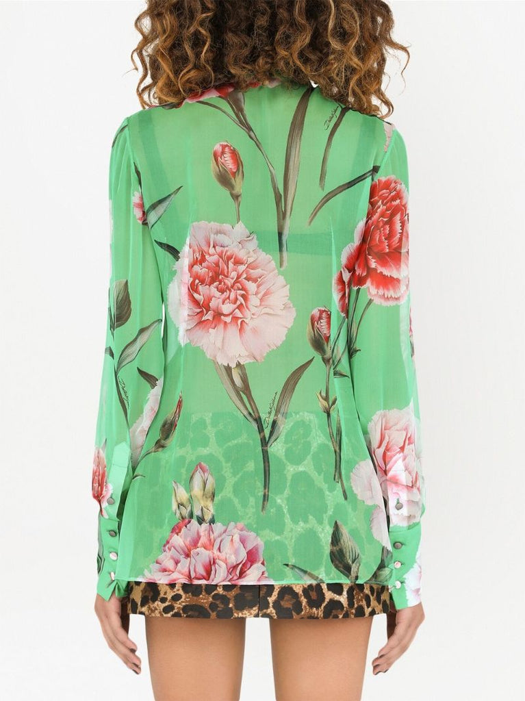 Green Carnation Print Silk Chiffon Shirt